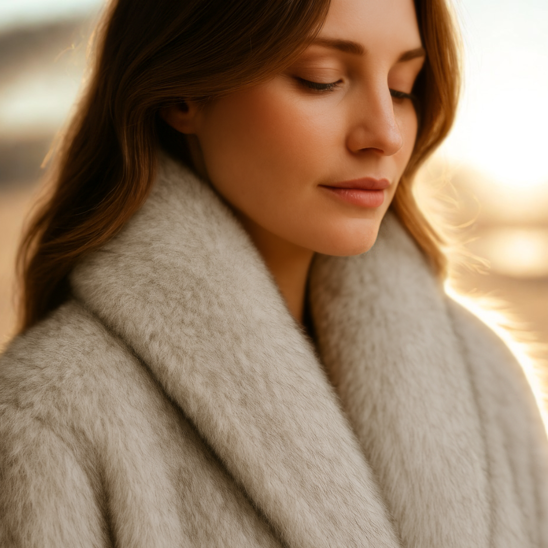WinterChic Soft Pearl – High-Neck Ombré Faux-Fur Jas
